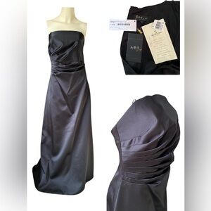ABS Collection by Allen Schwartz black strapless satin evening gown ruched waist